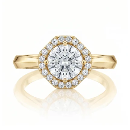 Gold ring with a large round center diamond surrounded by a halo of smaller diamonds