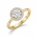 Gold halo engagement ring with a large center diamond surrounded by a circle of small diamonds; inner band engraved with DITANI.