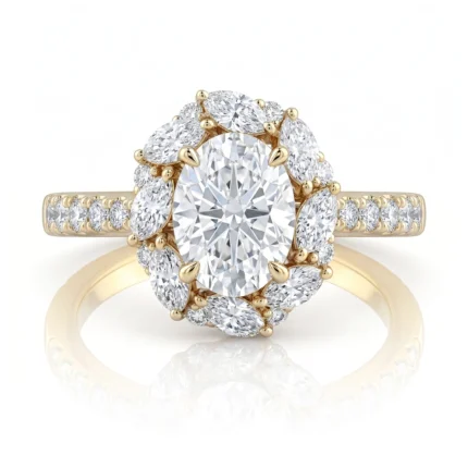 Gold engagement ring with a large oval center diamond surrounded by a halo of smaller diamonds and pavé diamonds along the band.