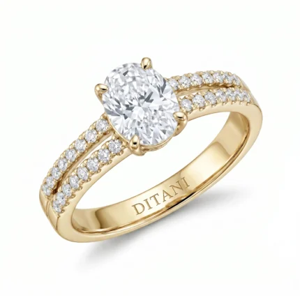 Yellow gold engagement ring with a large round center diamond and two pavé-diamond rows along the band, inner inscription 'DITANI'.