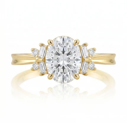 Yellow gold ring featuring a large round-cut center diamond with multiple side stones set in a decorative prong setting.
