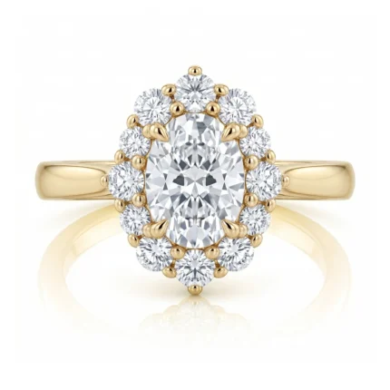 Gold ring with a large central oval diamond surrounded by a halo of smaller diamonds in a floral pattern.