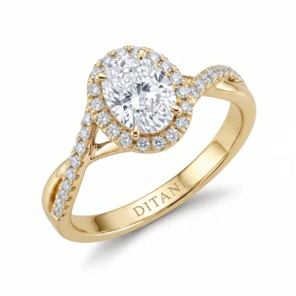 Gold ring featuring a round center diamond surrounded by a halo of smaller diamonds and a diamonds-studded band, inscription DITANI