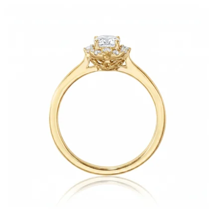 Gold engagement ring with a central diamond and a halo of smaller diamonds, shown from the side.