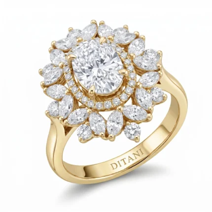 Gold ring with a large central diamond encircled by a halo of smaller diamonds and marquise-cut stones.