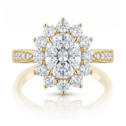 Gold ring with a large central diamond surrounded by a halo of smaller diamonds in a floral design when worn as an engagement ring.