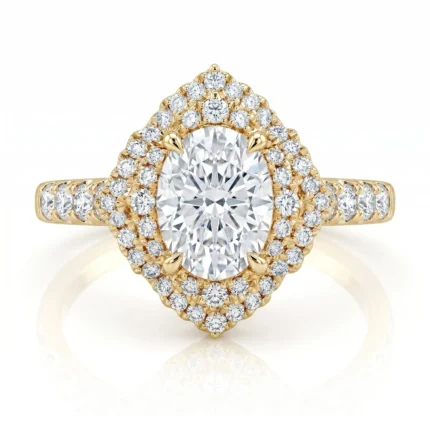 Gold ring with a large central diamond and a double halo of smaller diamonds set in yellow gold gallery style.