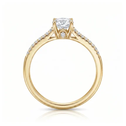 Gold engagement ring featuring a large round-cut center diamond and pavé diamonds along the band against a light background.