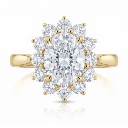 Gold ring with a large central diamond surrounded by a floral halo of smaller diamonds on a yellow-gold band, close-up detail