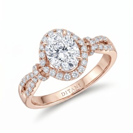 Rose gold ring with a large central diamond surrounded by smaller diamonds along the halo and band.