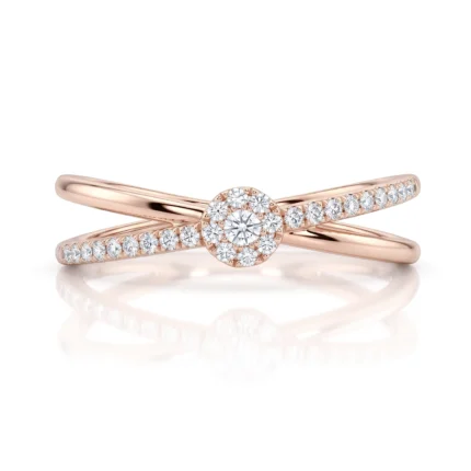 Rose gold ring with two crossing bands set with pavé diamonds and a central diamond cluster centerpiece (halo)