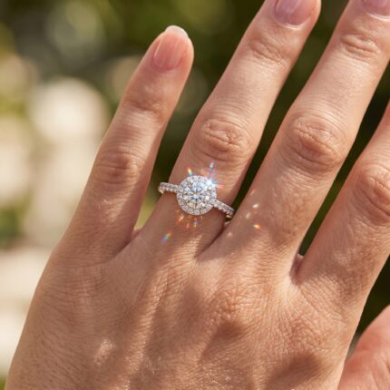Close-up of a hand wearing a diamond engagement ring with a large center stone and a pavé band on the ring finger.