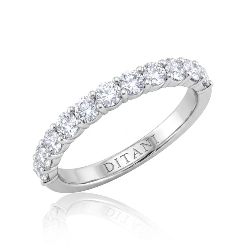 Close-up of a diamond eternity ring: row of round diamonds in prong settings along a white-gold band