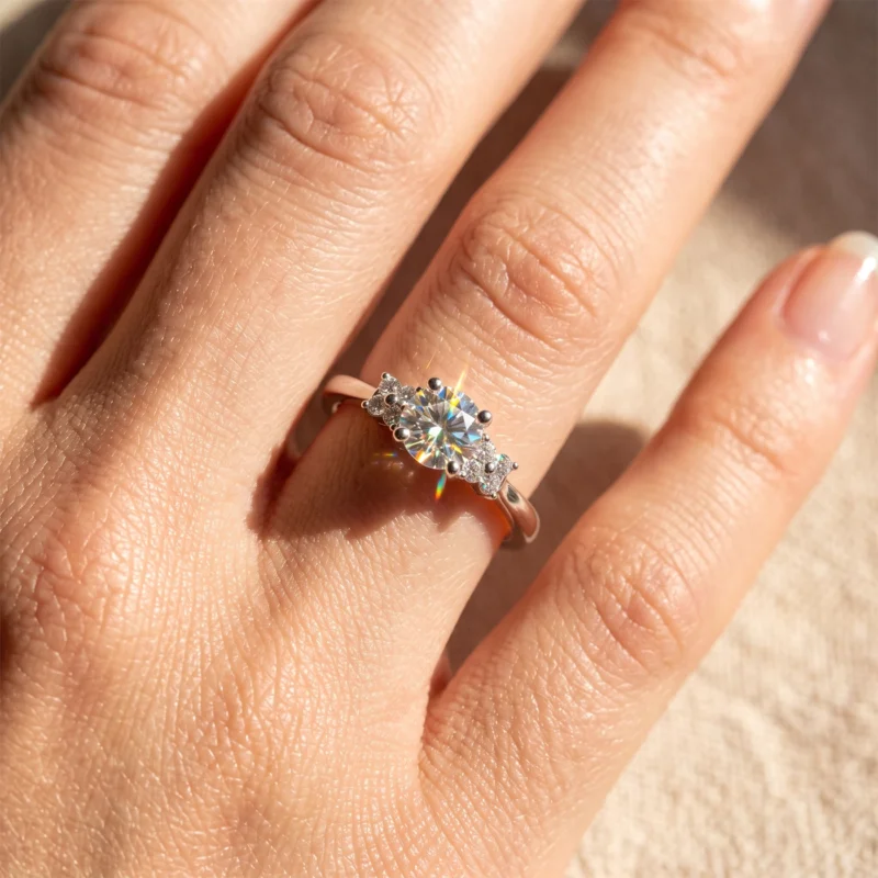 Close-up of a ring on a finger featuring a large round-cut center diamond with smaller side stones.💎